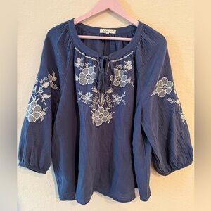 Indigo Soul Blue Embroidered Floral Tunic Blouse, Balloon Sleeve, XL